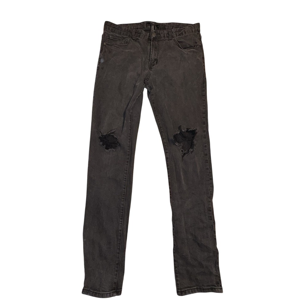 Forever 21 Men Black Distressed Denim Skinny Jeans Size 36 Streetwear Faded